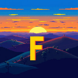 A pixel art sunset over hills, featuring a vibrant array of colors including yellow, blue, purple, orange, and dark blue