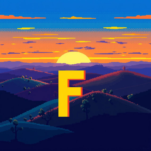 A pixel art sunset over hills, featuring a vibrant array of colors including yellow, blue, purple, orange, and dark blue