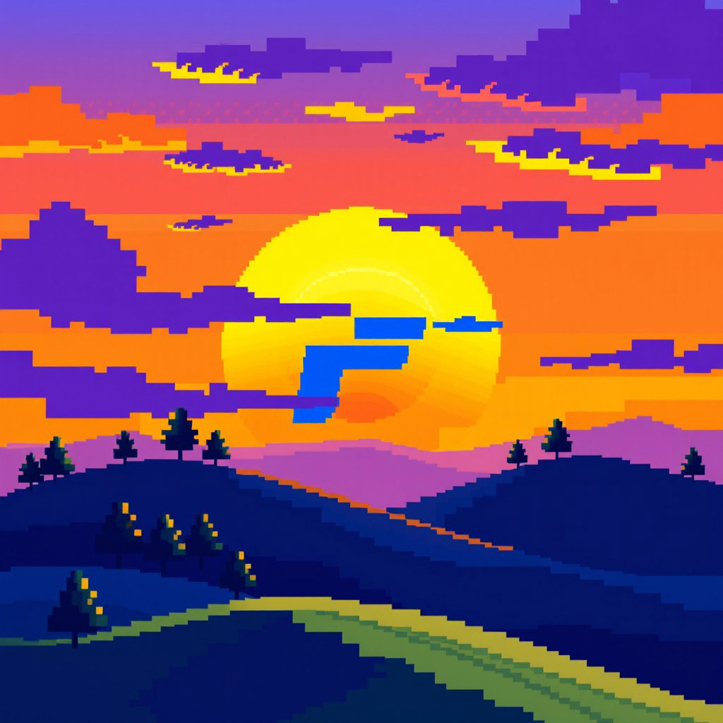 A pixel art sunset over hills, featuring a vibrant color palette including yellow, blue, purple, orange, and dark blue