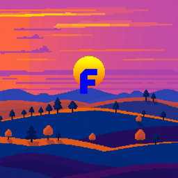 A pixel art sunset over hills, featuring a vibrant color palette including yellow, blue, purple, orange, and dark blue