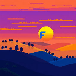 A pixel art sunset over hills, featuring a vibrant color palette including yellow, blue, purple, orange, and dark blue