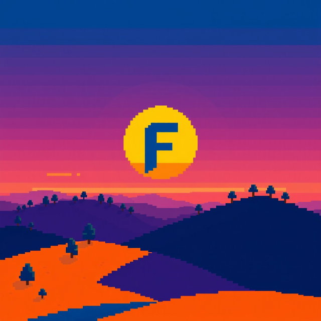 A pixel art sunset over hills, featuring a vibrant color palette including yellow, blue, purple, orange, and dark blue