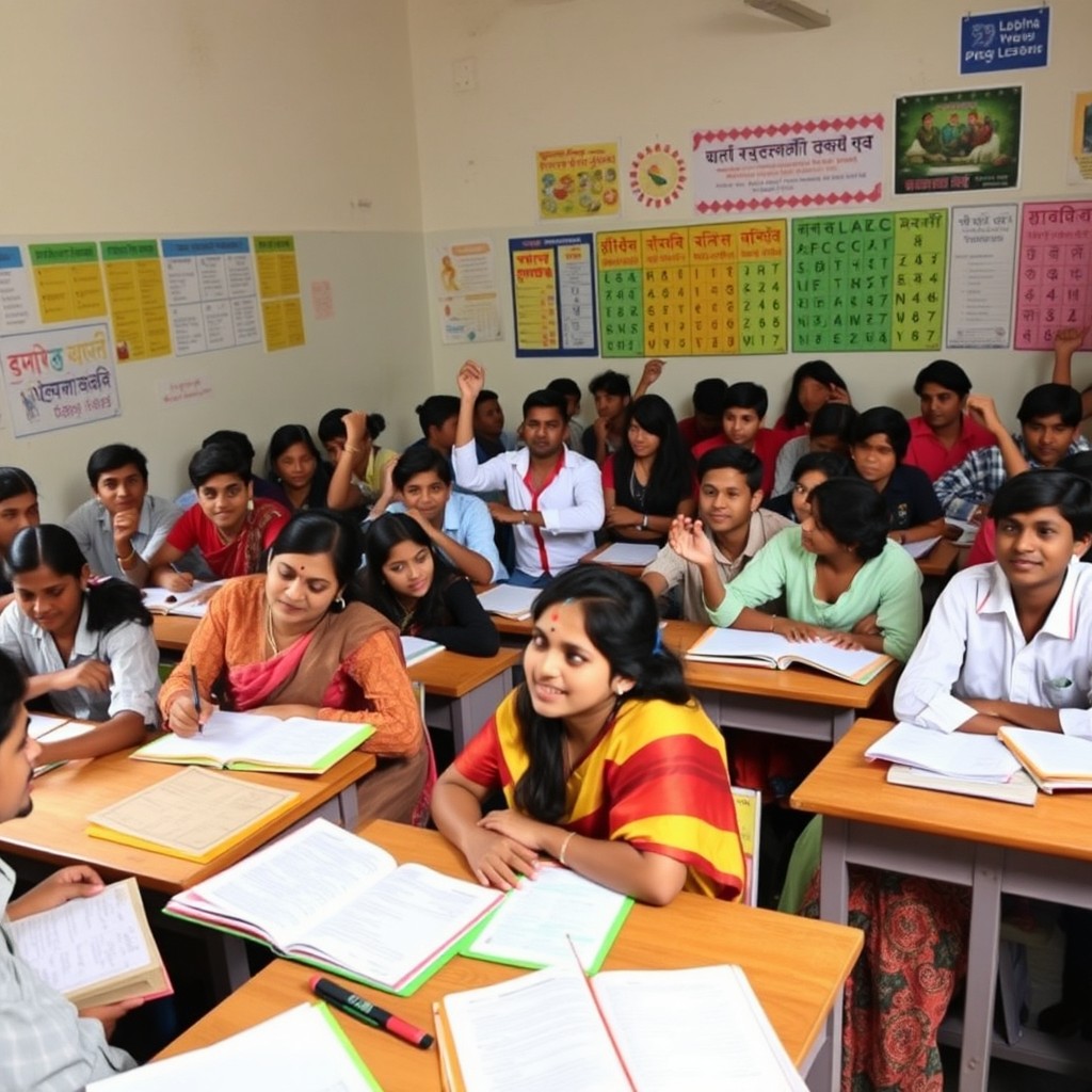 A vibrant classroom scene filled with eager students of various backgrounds, sitting at desks with open notebooks and textbooks, engaging in lively discussions about their studies, specifically focusing on the Bangla 2nd Paper subject