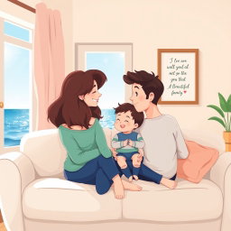 A heartwarming family illustration featuring a mother with waist-length wavy brown hair and a warm smile, a father who is taller than her and slim, with short dark hair, and a 1-year-old baby boy with dark short hair