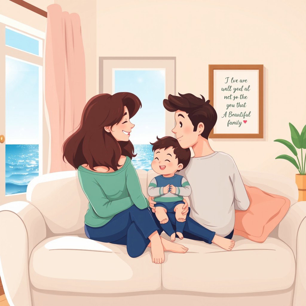 A heartwarming family illustration featuring a mother with waist-length wavy brown hair and a warm smile, a father who is taller than her and slim, with short dark hair, and a 1-year-old baby boy with dark short hair