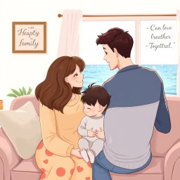 A heartwarming family illustration featuring a mother with waist-length wavy brown hair and a warm smile, a father who is taller than her and slim, with short dark hair, and a 1-year-old baby boy with dark short hair