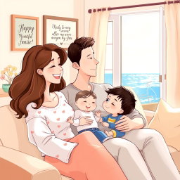 A heartwarming family illustration featuring a mother with waist-length wavy brown hair and a warm smile, a father who is taller than her and slim, with short dark hair, and a 1-year-old baby boy with dark short hair