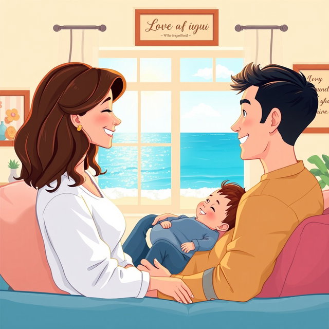 A heartwarming family illustration featuring a mother with waist-length wavy brown hair and a warm smile, a father who is taller than her and slim, with short dark hair, and a 1-year-old baby boy with dark short hair