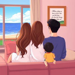 A family illustration featuring three people: a mother with long, wavy brown hair down to her waist, a father who is taller, lean, with short dark hair, and a one year old baby boy with short dark hair