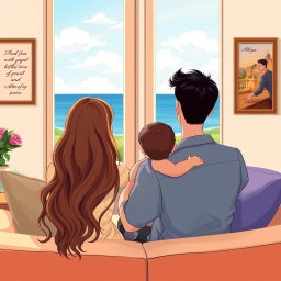 A family illustration featuring three people: a mother with long, wavy brown hair down to her waist, a father who is taller, lean, with short dark hair, and a one year old baby boy with short dark hair