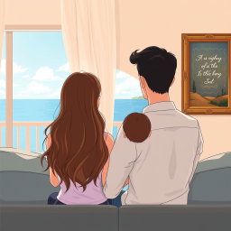 A family illustration featuring three people: a mother with long, wavy brown hair down to her waist, a father who is taller, lean, with short dark hair, and a one year old baby boy with short dark hair
