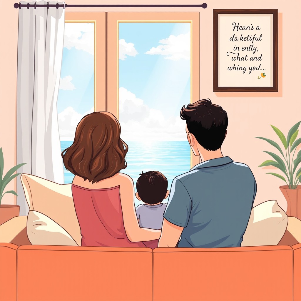 An illustration of a family of three: a mother with waist-length wavy brown hair and a warm smile, a father who is taller with a slim build and short dark hair, and a 1-year-old baby boy with dark short hair