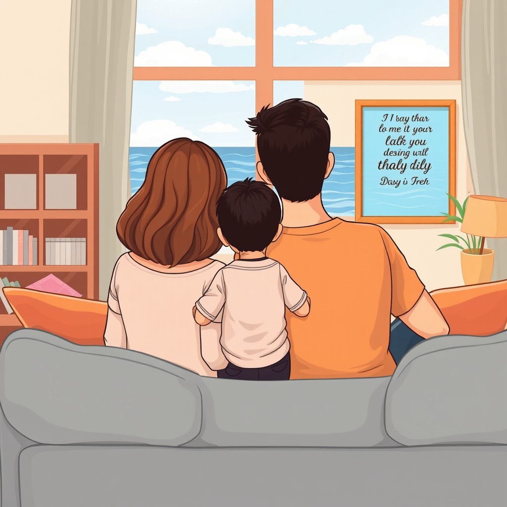 An illustration of a family of three seated on a comfortable sofa in a warm living room