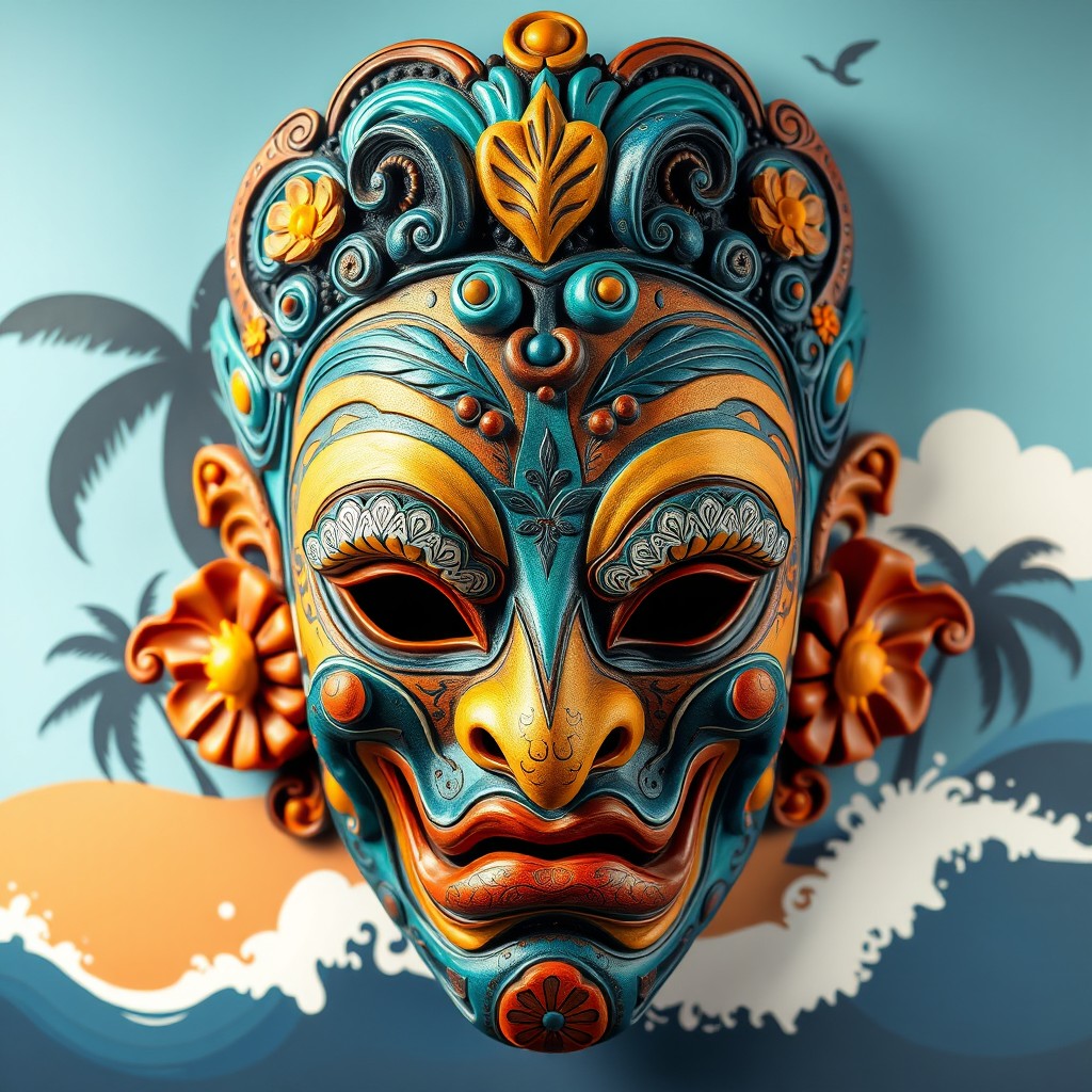A beautifully crafted mask inspired by Sri Lankan culture, symbolizing the impact of the 2004 tsunami