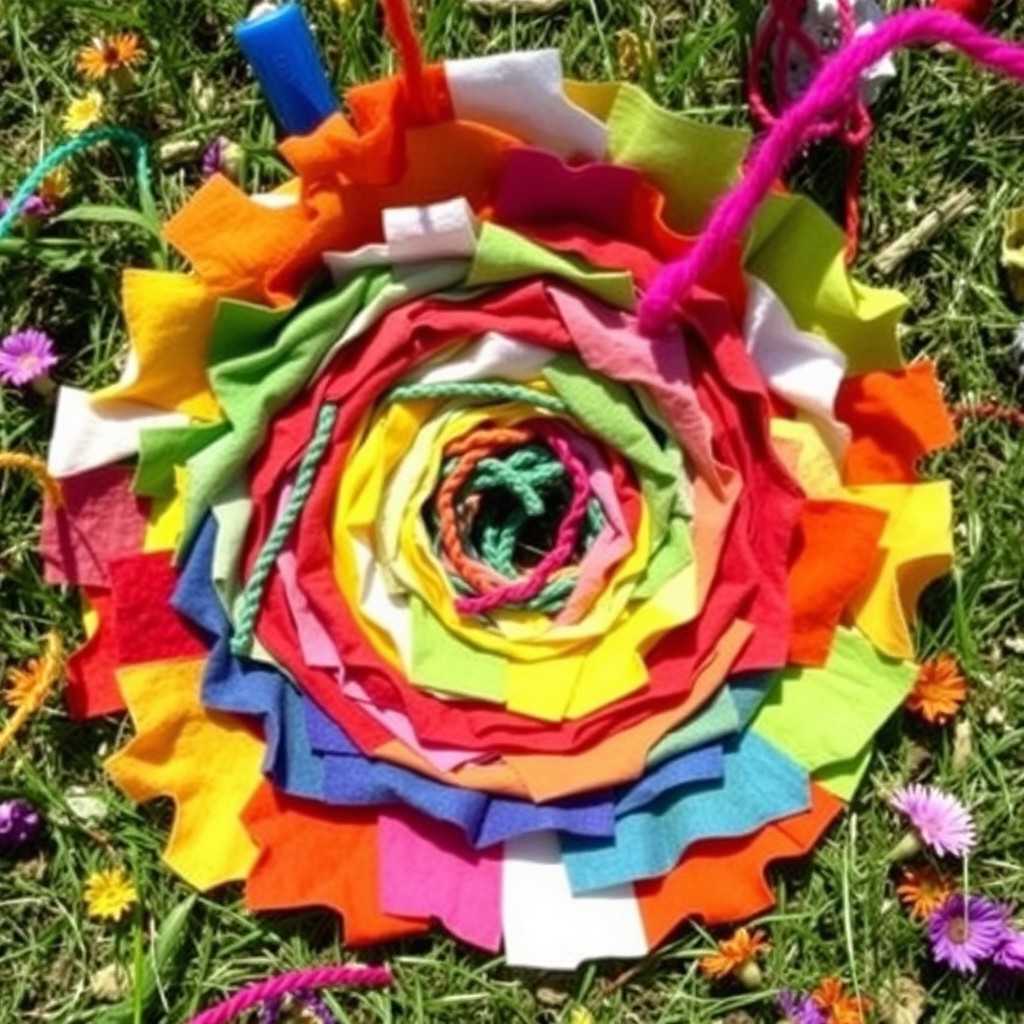 A vibrant and playful scene featuring concentric circles made from colorful fabric scraps, representing the essence of childhood and nature