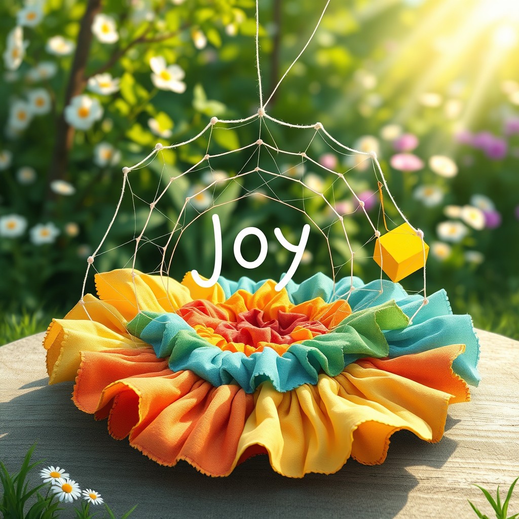 A charming and playful illustration of colorful fabric scraps arranged in concentric circles, symbolizing the joy of childhood and nature