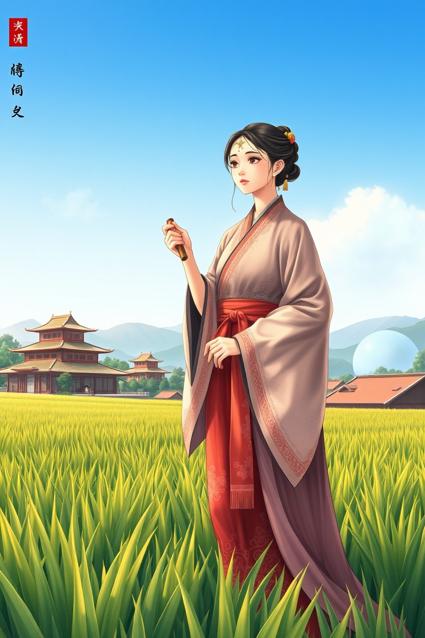 A beautiful cover illustration featuring a Chinese female farmer from ancient times, dressed in traditional ancient clothing with intricate patterns and designs