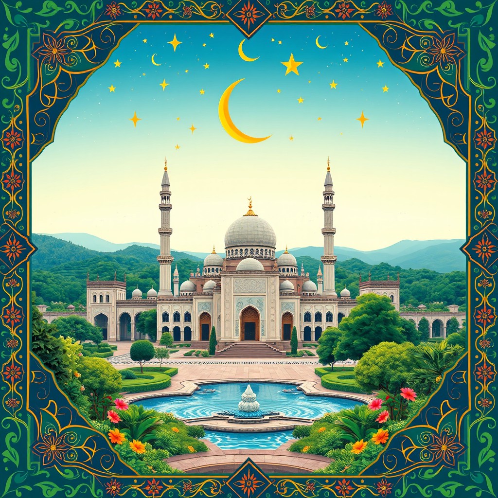 A beautifully detailed background inspired by traditional Islamic art, featuring intricate geometric patterns in vibrant colors, with delicate arabesques and floral motifs