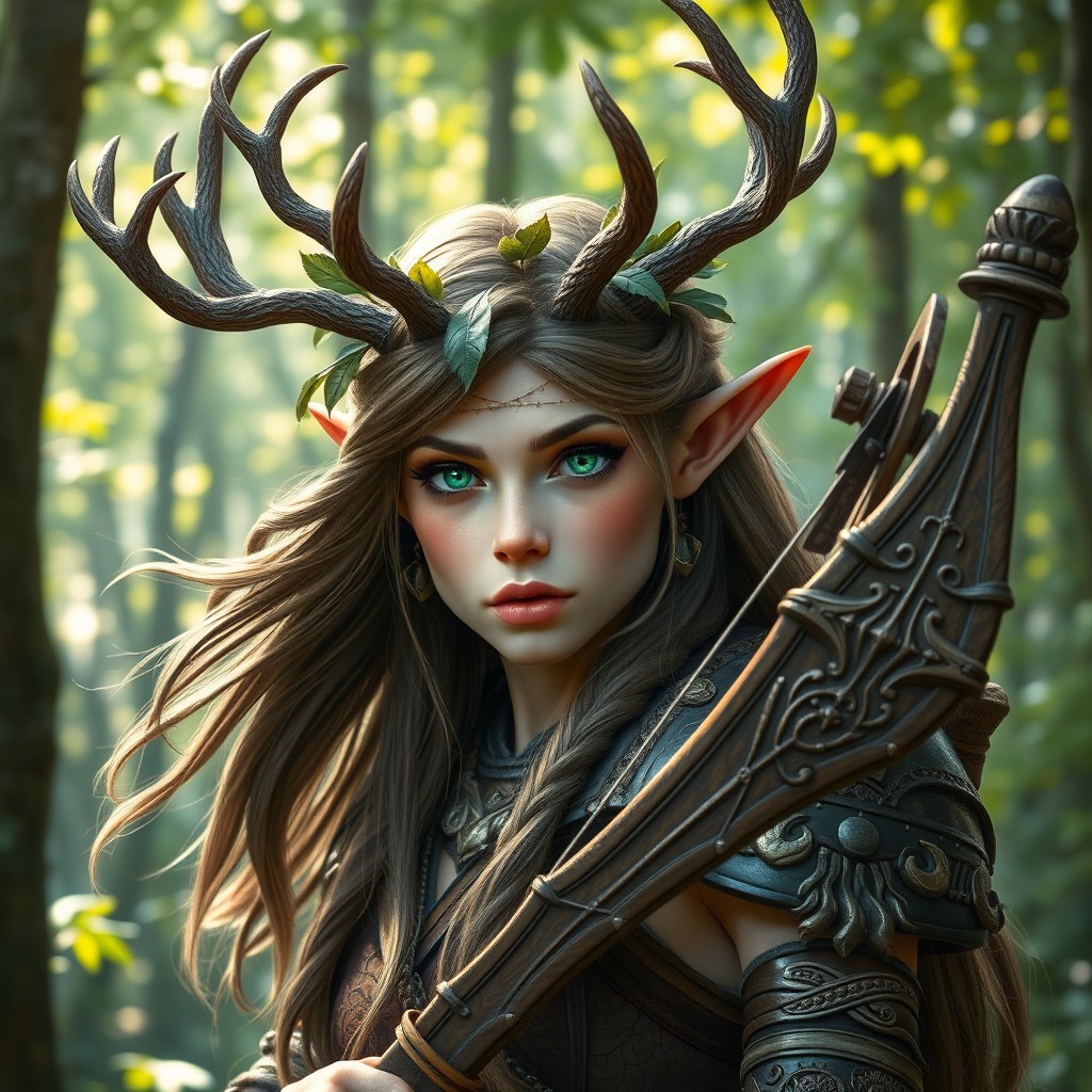 A striking wood elf ranger with intricate, twisted antlers crowned upon their head