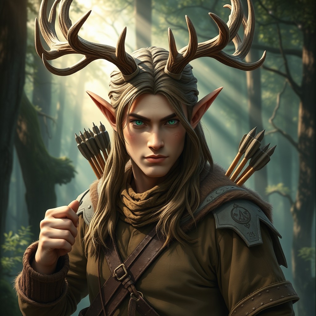A captivating male wood elf ranger with majestic, intricately twisted antlers adorning his head