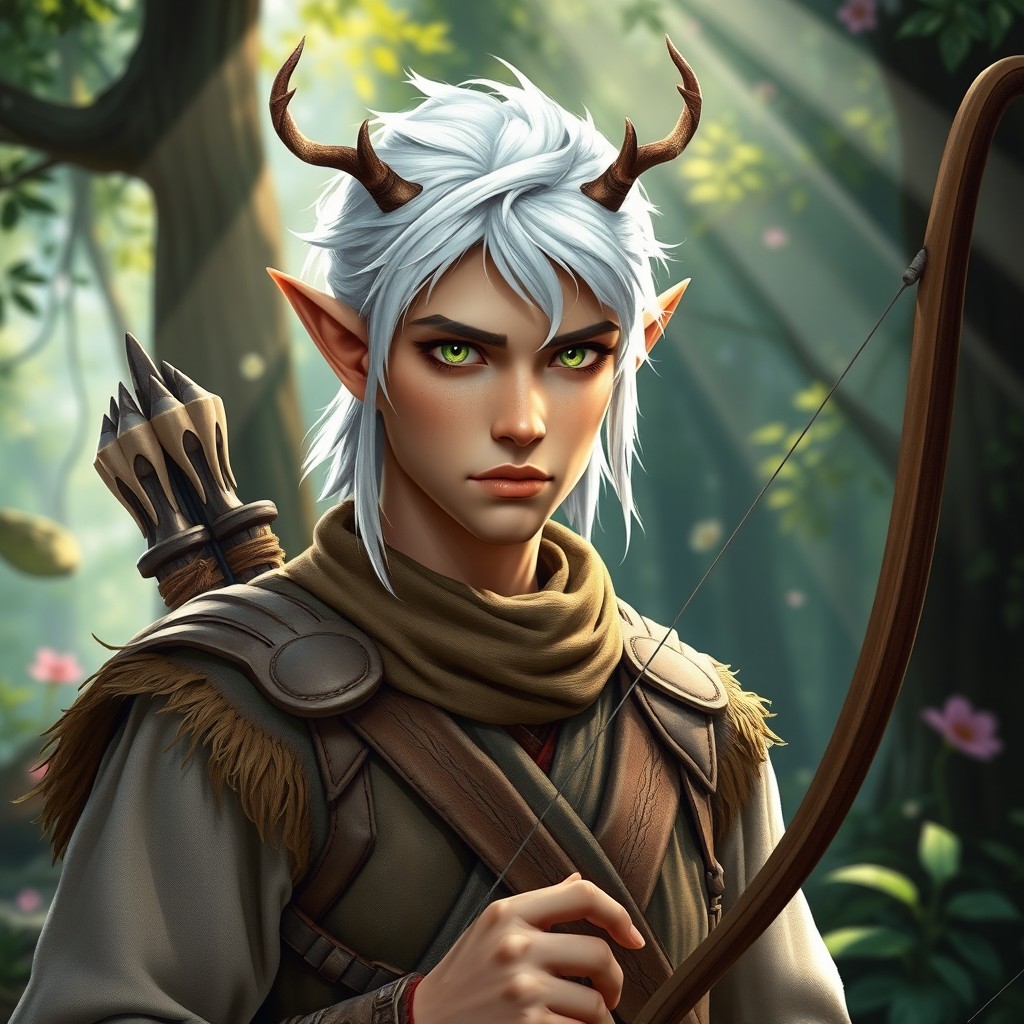 An enchanting male wood elf ranger with striking white hair and small, delicate antlers gracefully protruding from his head