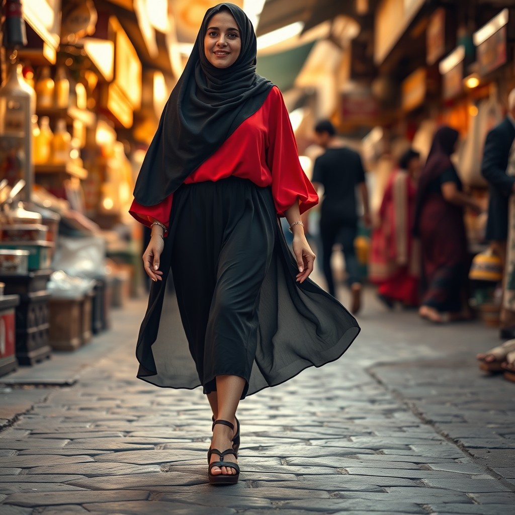 A photorealistic image of a beautiful Syrian woman in her late twenties walking through a bustling traditional street market