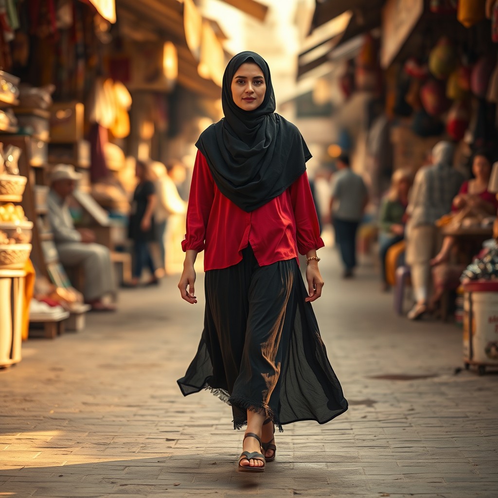A photorealistic image of a beautiful Syrian woman in her late twenties walking through a bustling traditional street market