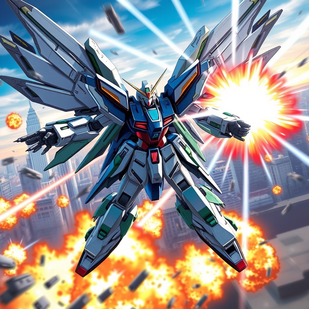 A dynamic scene featuring a Gundam Wing mech in an epic battle, showcasing its elaborate mechanical details and intricate armor design, with a backdrop of a futuristic city skyline