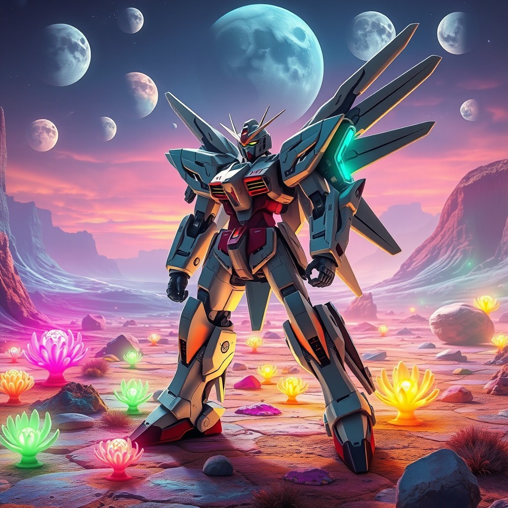 A stunning scene of a Gundam Wing mech standing confidently on an alien planet, surrounded by vibrant, otherworldly landscapes
