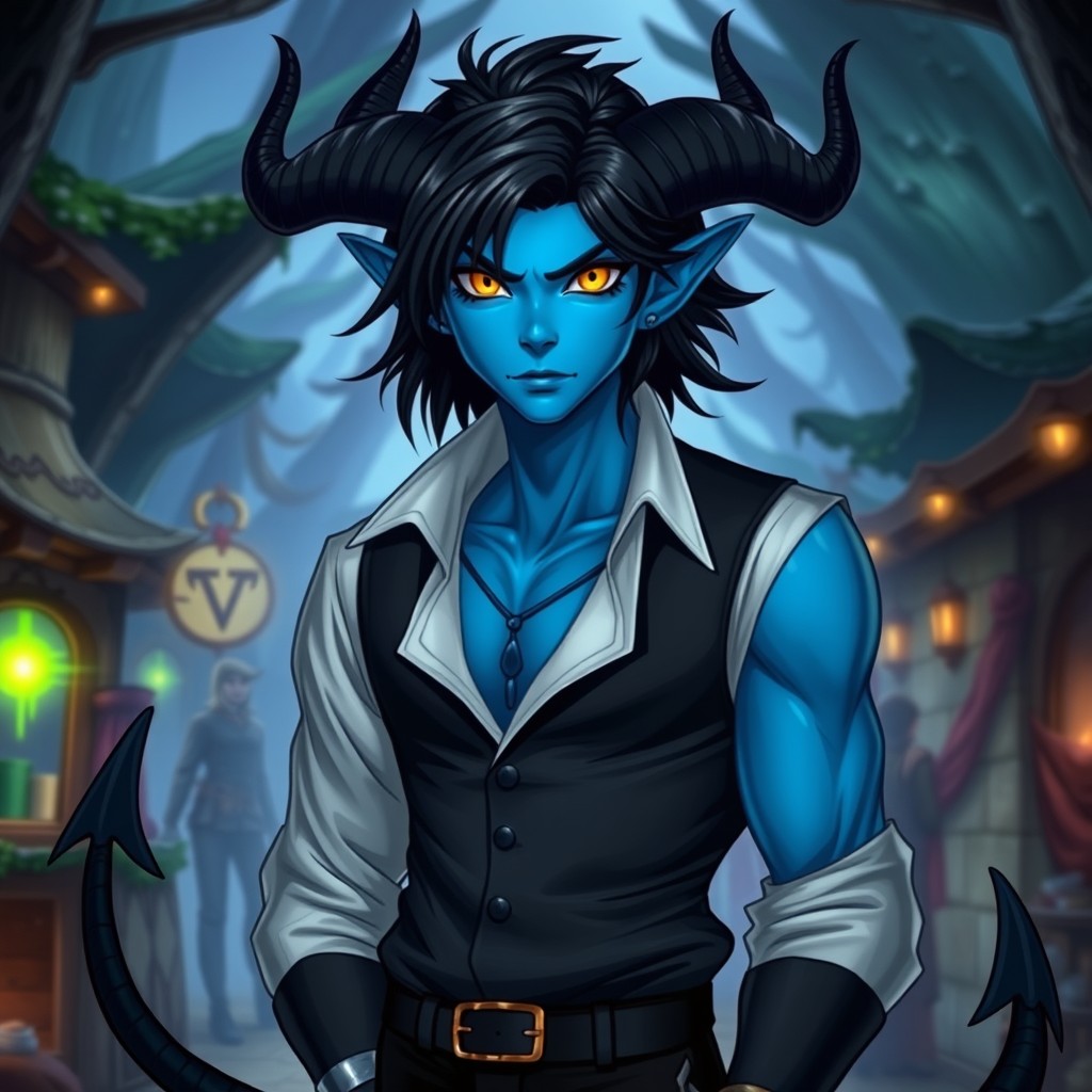 A striking blue male Tiefling with vibrant yellow eyes and jet black hair