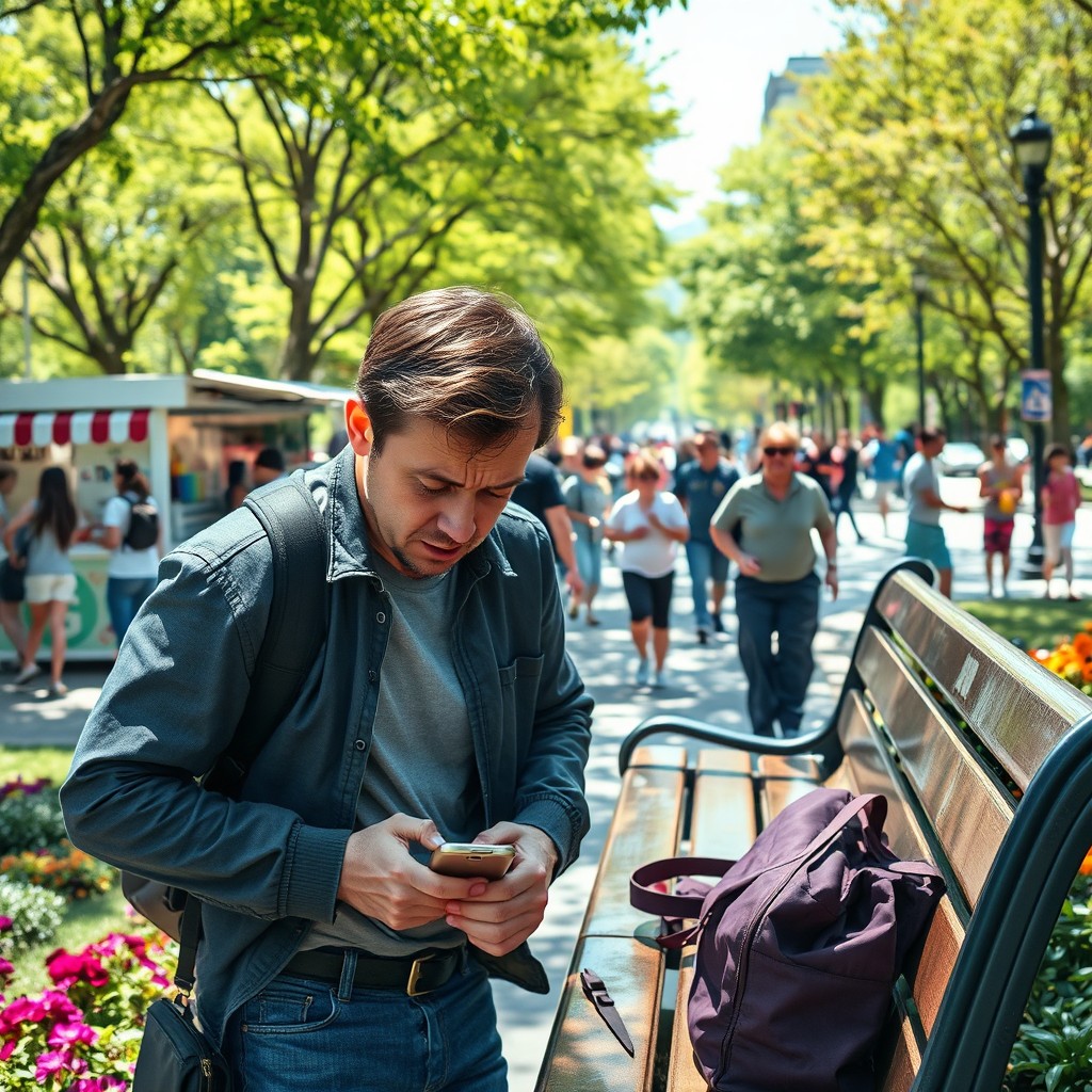 An anxious person searching for their lost cell phone in a bustling urban environment, looking under a park bench, checking pockets and bags, with a slightly worried expression