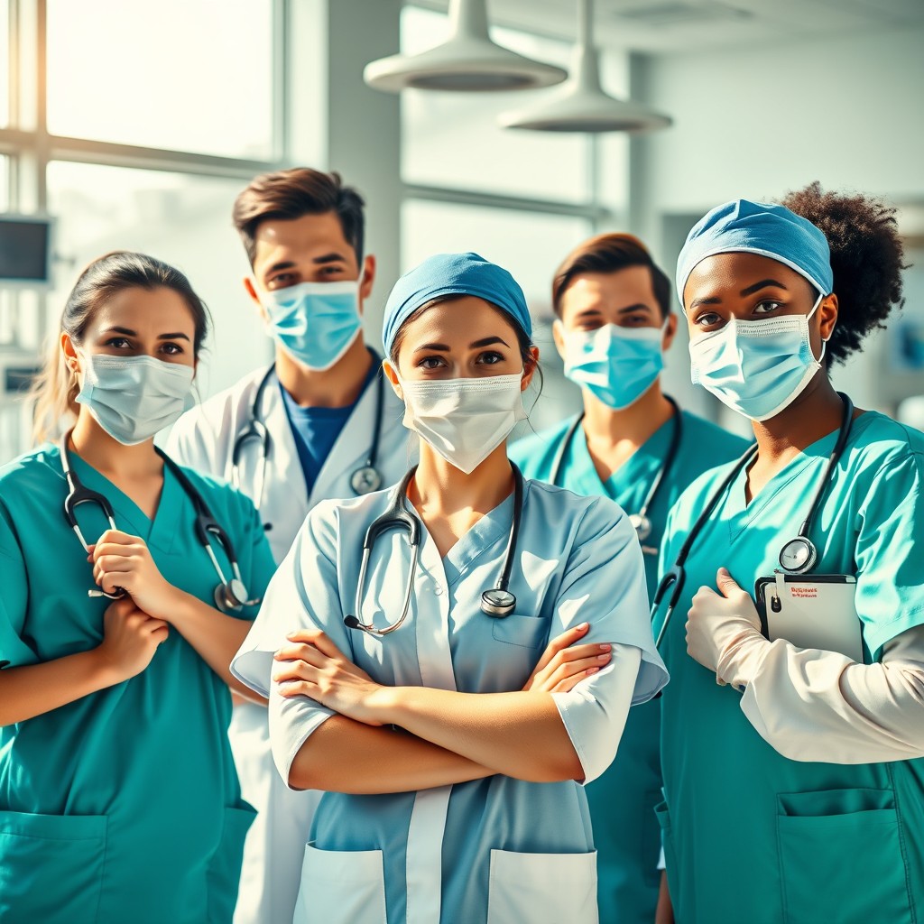 A powerful image depicting the resilience and revival of healthcare professionals, featuring a diverse group of medicos, including a physician, a nurse, and a medical student, all wearing scrubs and protective gear