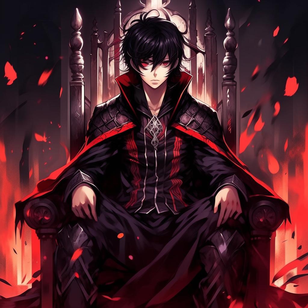 Anime male protagonist with black hair with a red strip bang, red and purple eyes exhibiting a kind yet sharp look and a smirking expression, emanating darkness, garbed in a black fantasy anime cloak with red border edges, seated on a throne.