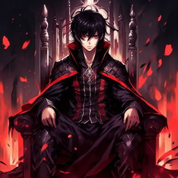 Anime male protagonist with black hair with a red strip bang, red and purple eyes exhibiting a kind yet sharp look and a smirking expression, emanating darkness, garbed in a black fantasy anime cloak with red border edges, seated on a throne.