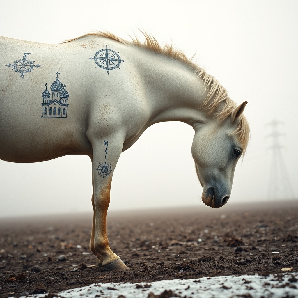 A medium format photograph capturing a dirty white Altai horse in profile with its head bowed down to the muddy ground, displaying a tired expression