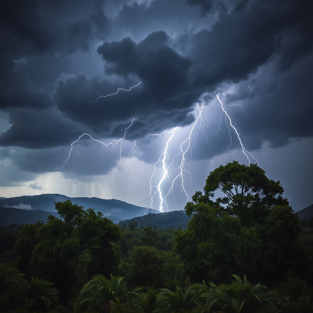 A powerful and dramatic scene depicting a fierce thunderstorm in a dark, stormy sky filled with ominous clouds