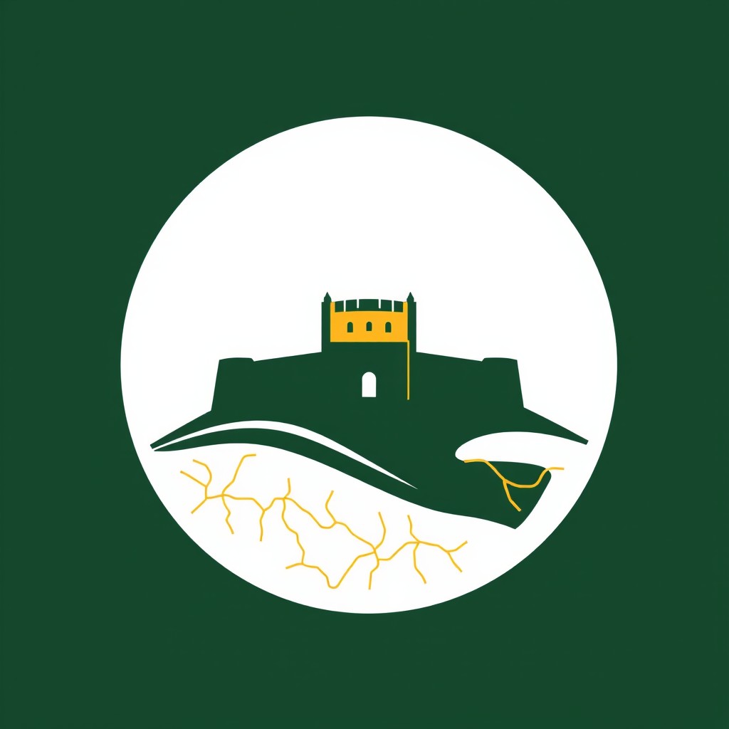 A minimalist logo design featuring the silhouette of the Qarshi fortress integrated with cadastral map lines