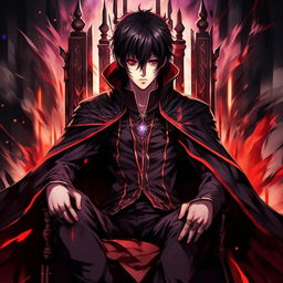 Anime male protagonist with black hair with a red strip bang, red and purple eyes exhibiting a kind yet sharp look and a smirking expression, emanating darkness, garbed in a black fantasy anime cloak with red border edges, seated on a throne.