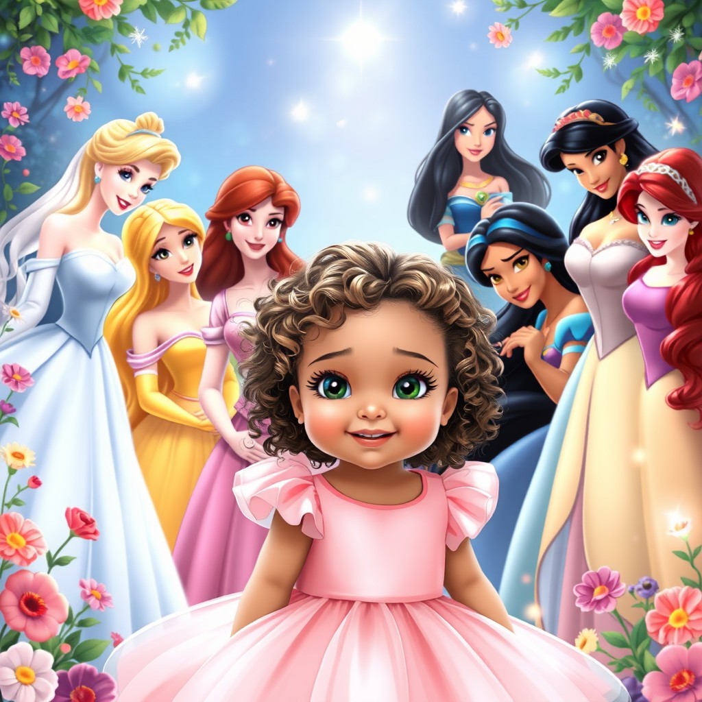 A beautiful scene featuring the classic Disney princesses: Aurora, Cinderella, Ariel, Belle, Moana, Jasmine, Snow White, Mulan, Merida, Elsa, Rapunzel, and Tiana, all depicted in their original art styles