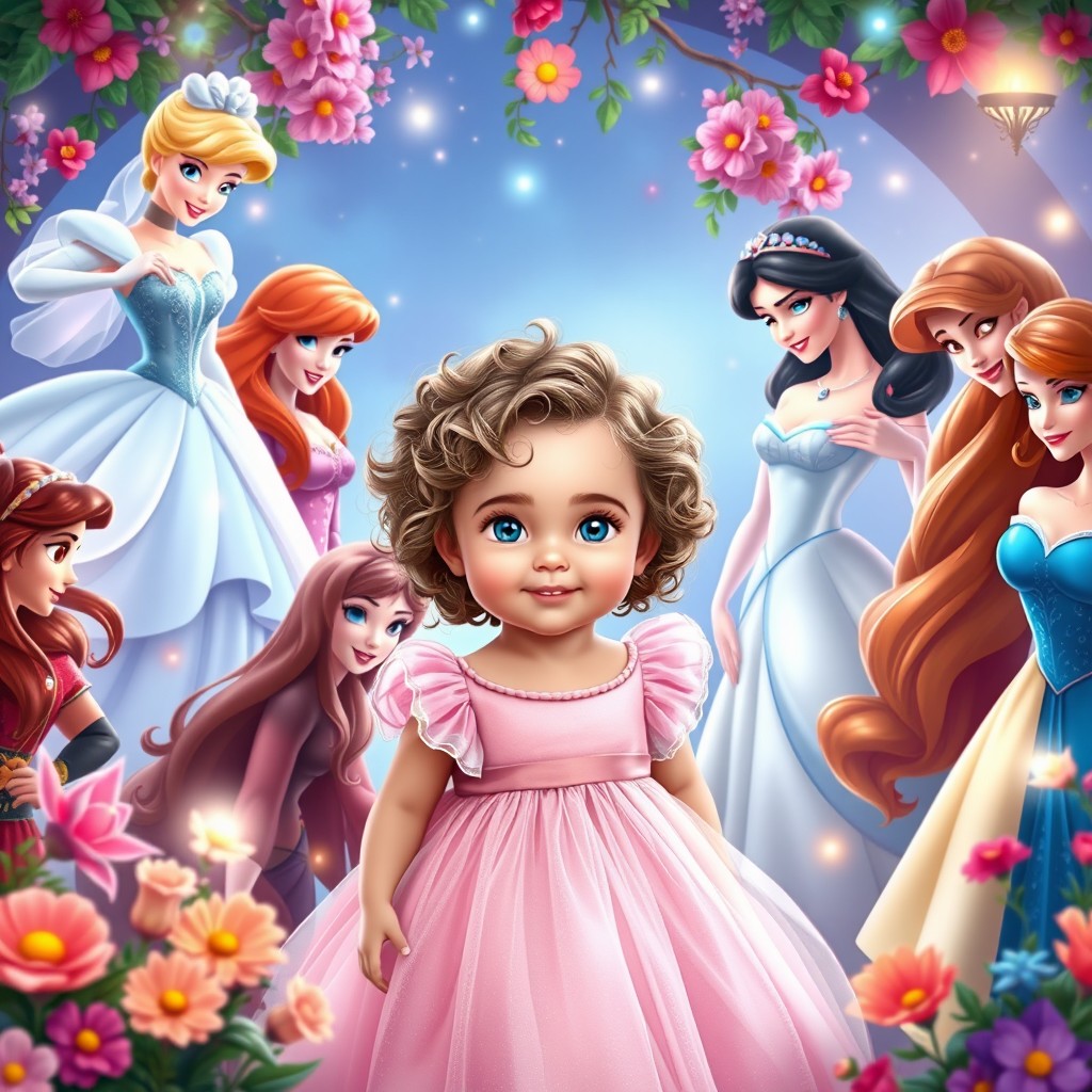 A beautiful scene featuring the classic Disney princesses: Aurora, Cinderella, Ariel, Belle, Moana, Jasmine, Snow White, Mulan, Merida, Elsa, Rapunzel, and Tiana, all depicted in their original art styles