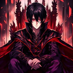 Anime male protagonist with black hair with a red strip bang, red and purple eyes exhibiting a kind yet sharp look and a smirking expression, emanating darkness, garbed in a black fantasy anime cloak with red border edges, seated on a throne.