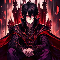 Anime male protagonist with black hair with a red strip bang, red and purple eyes exhibiting a kind yet sharp look and a smirking expression, emanating darkness, garbed in a black fantasy anime cloak with red border edges, seated on a throne.