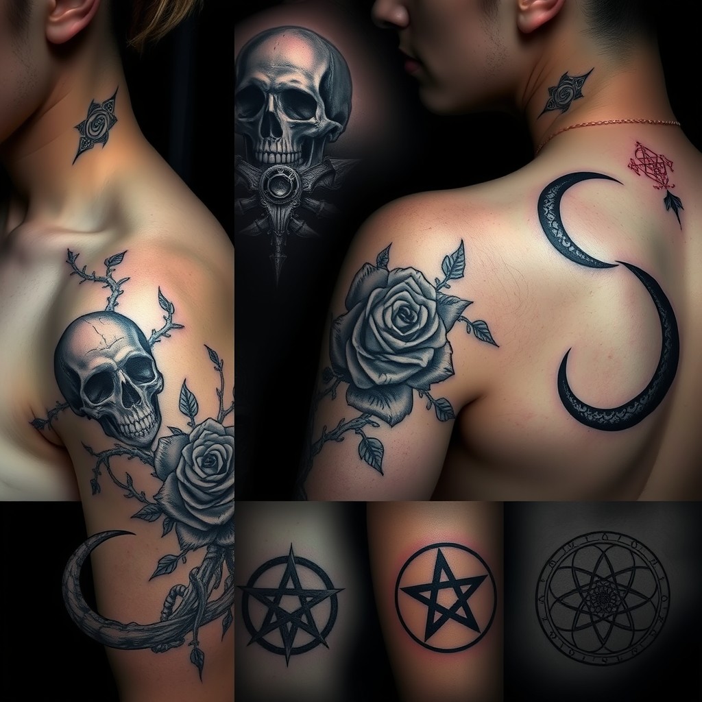 A collection of dark-themed tattoos featuring intricate designs, gothic motifs, and mystical symbols