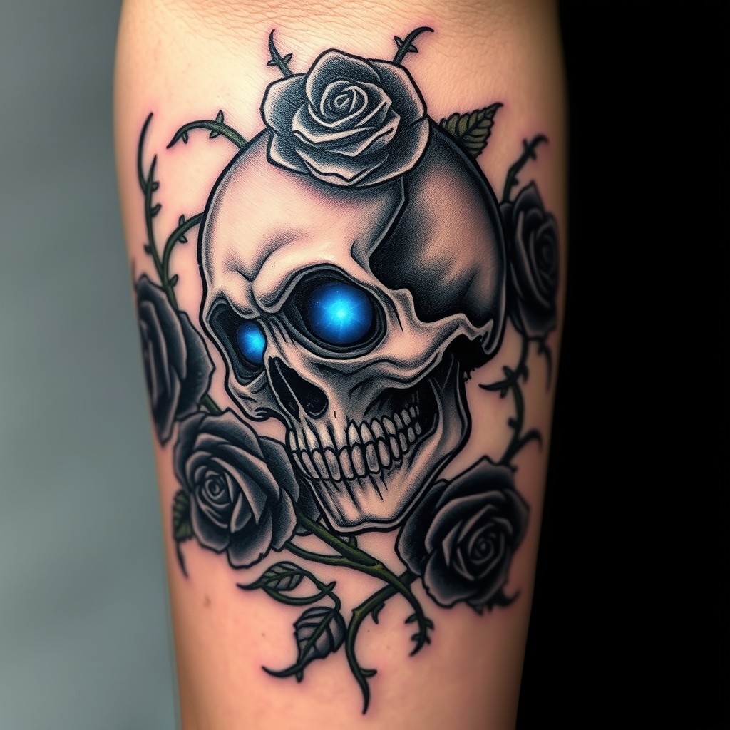 Design a unique dark-themed tattoo featuring an abstract skull entwined with black roses and thorny vines