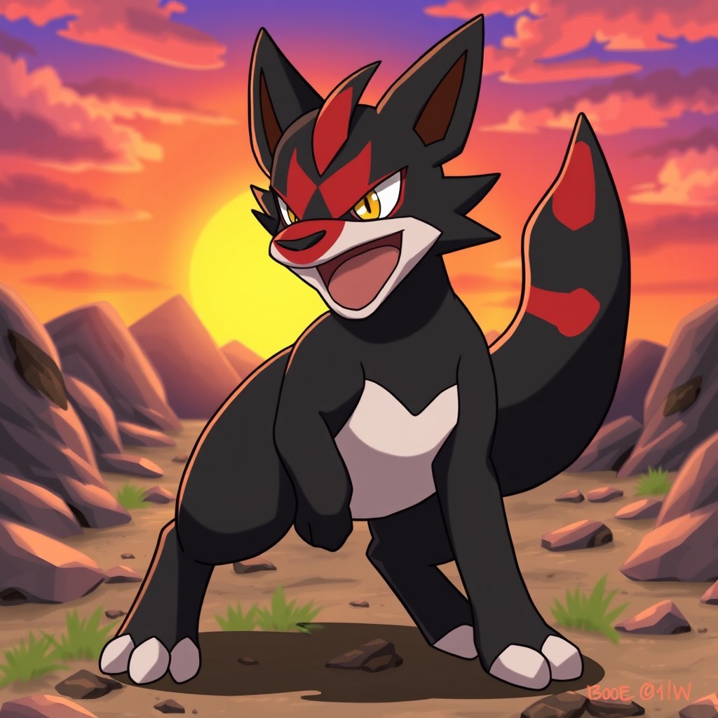 A dynamic illustration of a male Houndour from Pokémon, showcasing its distinctive black fur and red markings