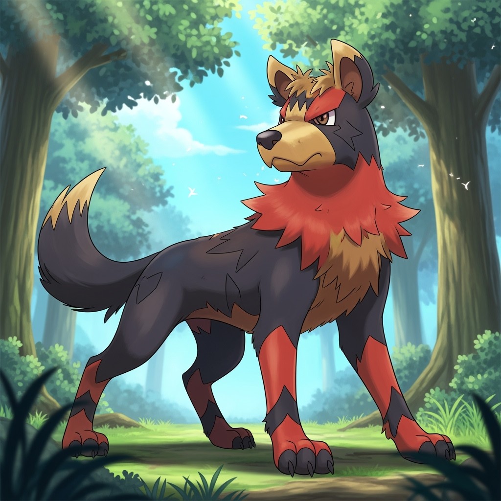 A vibrant and detailed illustration of a male Houndour from Pokémon, featuring its iconic black and red coloring
