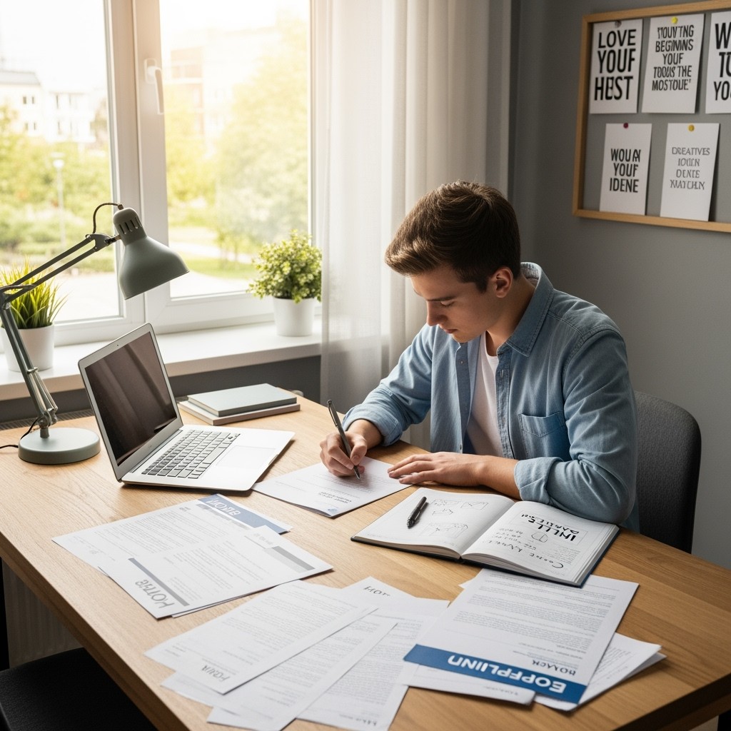 A motivational scene depicting a young person sitting at a desk with a laptop open, surrounded by job applications and a notebook filled with ideas