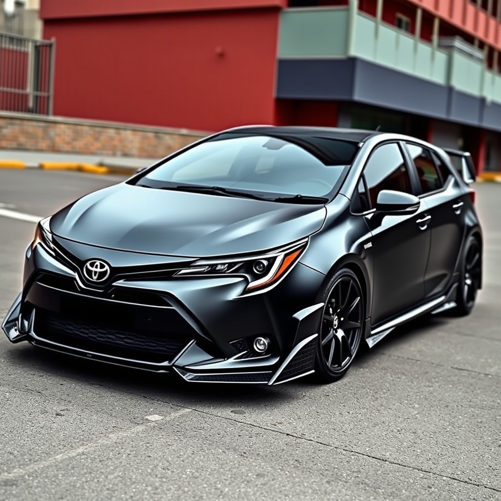 A dark gray matte Toyota Corolla Spacio E121, featuring a sleek and aggressive body kit that enhances its sporty appeal