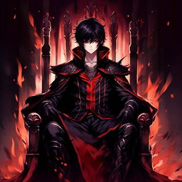 Anime male protagonist with black hair with a red strip bang, red and purple eyes exhibiting a kind yet sharp look and a smirking expression, emanating darkness, garbed in a black fantasy anime cloak with red border edges, seated on a throne.