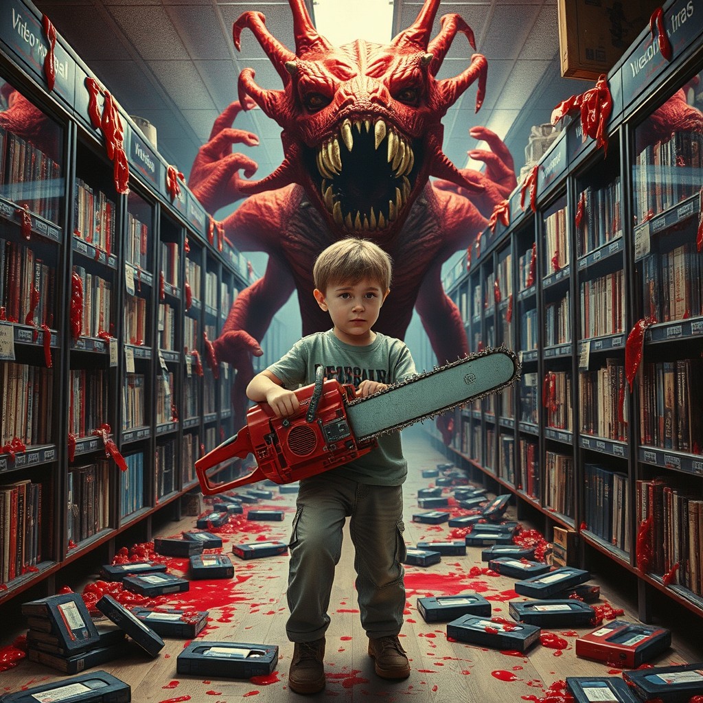 A movie poster featuring a young boy holding a chainsaw inside a video rental store